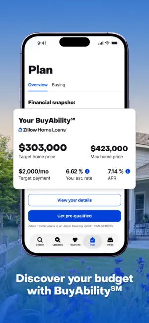 Your BuyAbility card from Zillow Home Loans showing a $303,000 target price, $423,000 maximum, $2,000 monthly payment and a 6.62% estimated rate