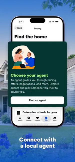Choose your agent card with a Find an agent button inside the Find the home step of the buying plan