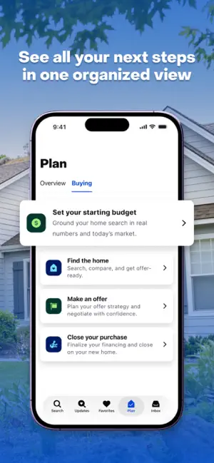 Buying tab of the Plan screen with Set your starting budget, Find the home, Make an offer and Close your purchase