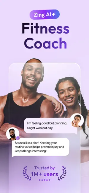 Purple Zing AI Fitness Coach welcome slide with two smiling people, a chat bubble about a light workout day and a Trusted by 1M+ users badge