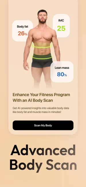 Advanced Body Scan slide with a body outline and callouts for body fat 26%, IMC 25 and lean mass 80%, above a Scan My Body button
