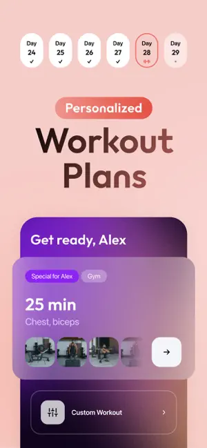 Personalized Workout Plans slide with a Day 24 to Day 29 strip and a 25 min chest and biceps gym card above a Custom Workout row