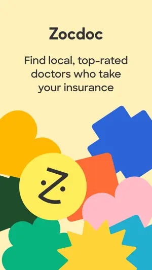 Zocdoc welcome screen with the yellow smiling Z logo and the line Find local, top-rated doctors who take your insurance