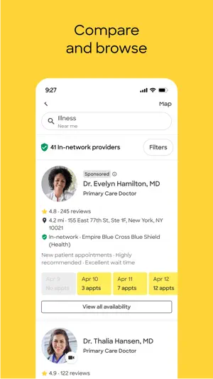 Search results for Illness listing 41 in-network providers, led by a Sponsored primary care doctor rated 4.8 with open slots from April 10