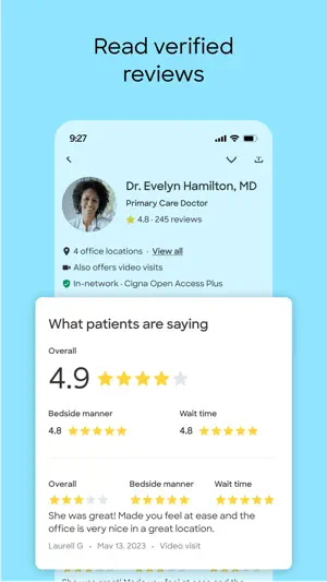 Doctor profile showing a 4.9 overall score from verified patients, with separate Bedside manner and Wait time ratings