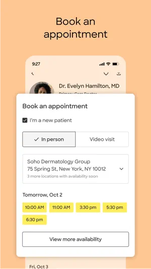 Book an appointment sheet with In person and Video visit options, a Soho dermatology office and five time slots for October 2