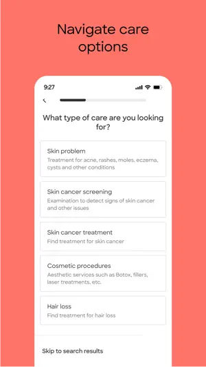 Guided search question What type of care are you looking for, with skin problem, skin cancer screening, cosmetic procedures and hair loss options