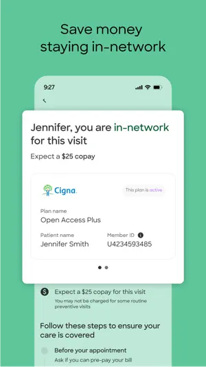 In-network confirmation for a Cigna Open Access Plus plan with an expected $25 copay for the visit