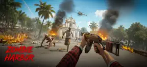 First-person view with a pistol in a burning tropical plaza as zombies advance, with the Zombie Harbor logo