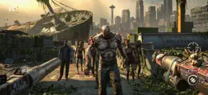 A horde led by a hulking zombie on a dock beneath a beached freighter