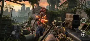 A tank-like zombie exploding in a jungle-choked street under a rifle's sights