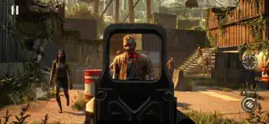 Aiming a rifle's holographic sight at a zombie beside a shipping container