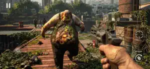 A bloated brute charging along a rusted walkway toward the player