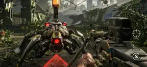 A spider-limbed mutant crawling through a ruined dockyard