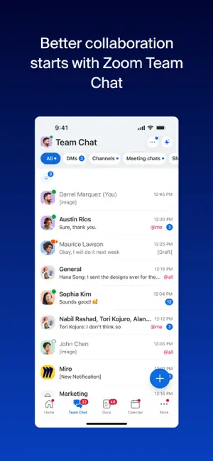 Team Chat list with direct messages, channels and meeting chats