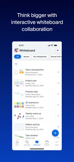 Whiteboard list showing shared boards and their last modified dates